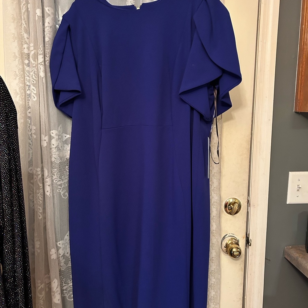 Calvin Klein Blue Sheath Dress with Flutter Sleeves